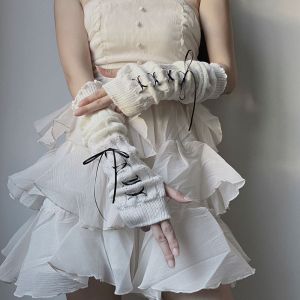 OQEWPI ฮาราจูกุ ถุงมือถัก Y2K สไตล์ญี่ปุ่นแบบ โกธิค ปลอกแขนโลลิต้า JK อะนิเมะ ชุดกระโปรงยาว โบว์โบว์แขนยาว สาวๆ