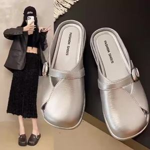[Free Shipping] 2025 New Summer Flat Simple Retro Womens Hollow Soft Sole Square Toe Breathable Slip-On Closed-Toe Slippers