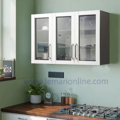 Lemari Dapur Gantung 3 Pintu Kaca Modern Polimer Putih