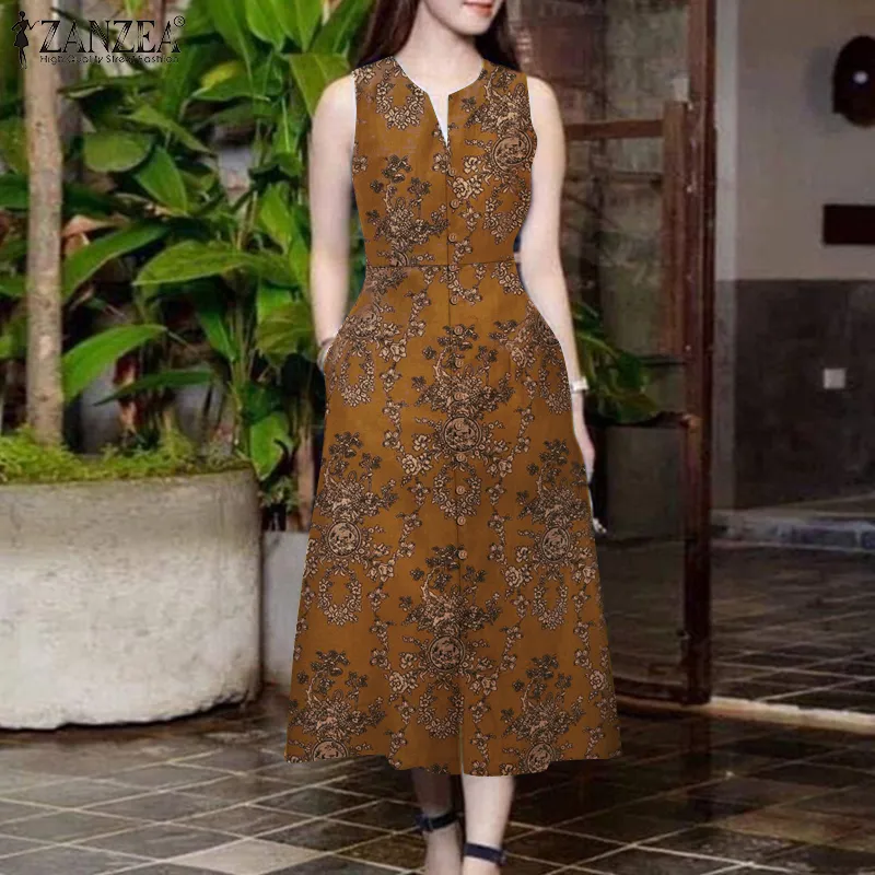 ZANZEA Women's Dresses Summer Vintage Elegant Sleeveless V-Neck