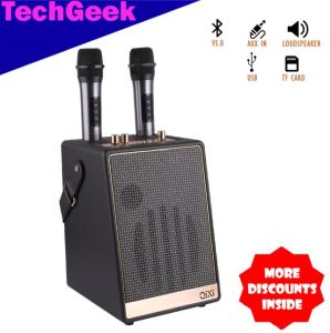 TG QIXI SK-2050 Bluetooth V5.0 Speaker Shocking Bass Sound Wooden Design Karaoke Speaker with Dual Wireless Microphone