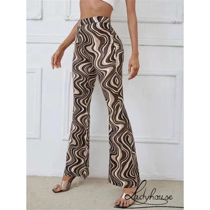 Women Casual Yoga Flared Pants Water Ripple Printed Slim Fit