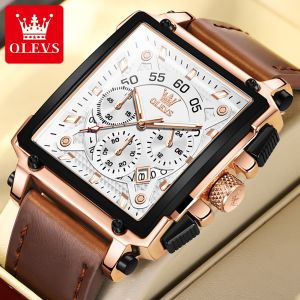 OLEVS Watch Men Original Casual Waterproof Luminous Multi-function Chronograph Calendar Square Dial Fashion High Quality Genuine Leather Quartz Watches For Men