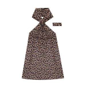 เดรสสั้นคล้องคอสีน้ำตาลลายเสือ ใส่ไขว้คล้องคอติดกระดุม ด้านหลังสม็อคยางยืด แถม! ปลอกข้อมือใส่คู่กัน #3031