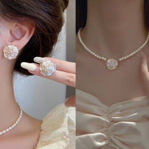 New Style Pearl Camellia Earrings Necklace aRetro Fashion Korean Version Female Jewelry Wedding Gift