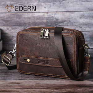 EDERN Retro Crazy Horse Leather Mens Shoulder Bag Business Messenger Bag Versatile Casual Clutch Bag Large Capacity Cowhide Crossbody Bag