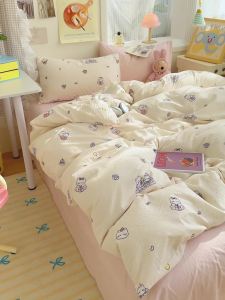 ins Cartoon Washed Cotton Bedding Set Fresh Student Dormitory Duvet Cover Bed Sheet Bed Skirt Three-Piece Set LZD