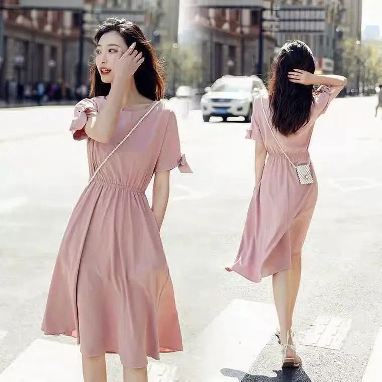 casual korean pink dress