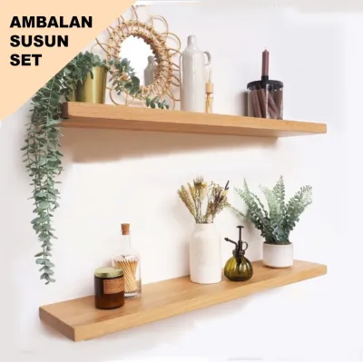 1 Set Isi 2 Ambalan Papan Rak Dinding Minimalis Kayu Brown Colour Aesthetic Viral