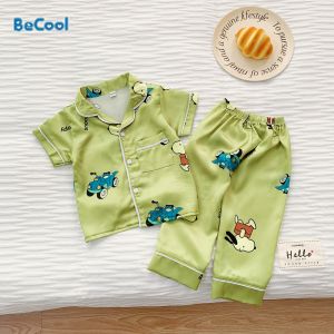 Bộ Pijama Lụa Khủng Long Cộc Tay Cho Bé Từ 6-28kg SUMO KIDS Bộ Lụa Mặc Đi Ngủ Hay Đi Chơi Đều Xinh