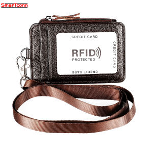 Smartconn Business Work Name Tag Card Holder Badge Holder with Zipper RFID Blocking Genuine Leather ID Badge Card Holder Wallet  for Offices ID School ID Driver Licence