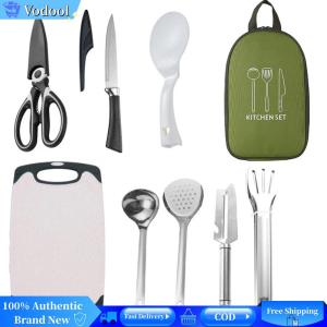 [Vodool Brand Center] 8pcs Camping Kitchen Set Stainless Steel Camping Utensil Set Portable Outdoor Camp Cookware Set for Backpacking Outdoor Camping