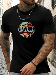 Mens Summer 100% Cotton Soft Lightweight Round Neck Short Sleeve T-Shirt TRAVELLER Printed Breathable Casual Fashion Cool Tee