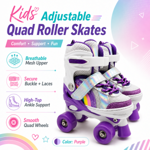 Yowxii Kids Adjustable Roller Skates S/M/L Quad Roller Skates for Beginners with Secure Buckle Breathable Padded Liner Smooth Wheels 2 Color Options