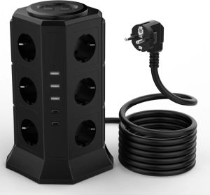 TESSAN Tower Power Strip Multi Outlets with 3 USB +2 Type C 2M Extension Cable EU Plug Vertical Electric Socket Surge Protection