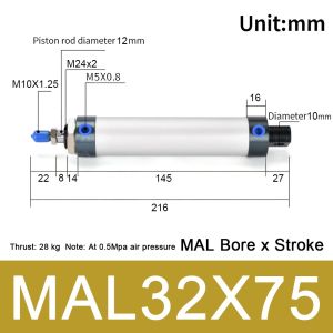 LUMIYA 1Pcs Nén đôi Xi lanh khí nén Hành trình 25/50/75/100mm Đường kính xi lanh 16/20/25/32/40mm Xi lanh MAL Bền bỉ Hợp  nhôm Xi lanh mini