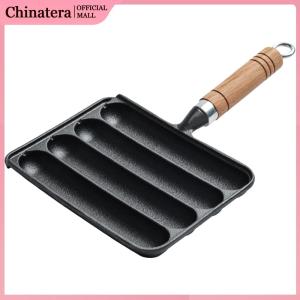 Cast Iron Pre-Seasoned Pot with Wooden Handle Pot for Grilled Sausage Anti-Scald Hot Dog Mold Pan BBQ Supply Grilled Pot