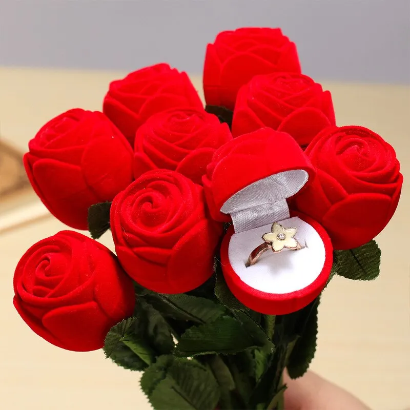Creative Rose Flower Heart Ring Box Flocking Flowers Wedding
