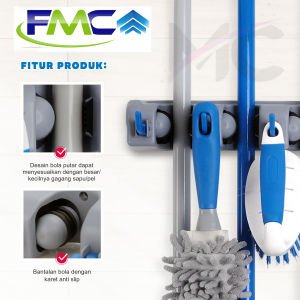 Gantungan Sapu Tempel dan Pel Di Tembok Dinding Broom Holder Mop Hold PVC 3 Slot Praktis Kuat Mudah Aksesoris Peralatan Dapur