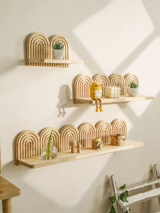 Boho Wooden Arched Wall Shelves Rustic Natural Wood Rainbow Design Floating Shelves Decorative Storage Racks for Home Wall Decor