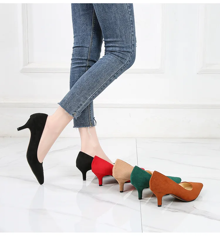 Women's Stiletto Heel Office Lady Suede Black Pointed High Heels Daily  Pumps Work Shoes Low Heel 5CM Plus Size 42 43 44 45 46