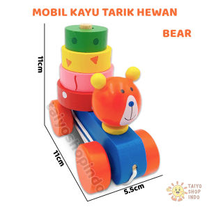 TAIYO Mobil Kayu Tarik Hewan Basic Pull Along Car Shape Animal Gerak Montessori Sensori Mainan Anak