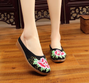 Free Shipping Beautiful Chinese-Style Retro Fashion Canvas Embroidered Peony Fabric Slippers Low-Heeled WomenS Shoes