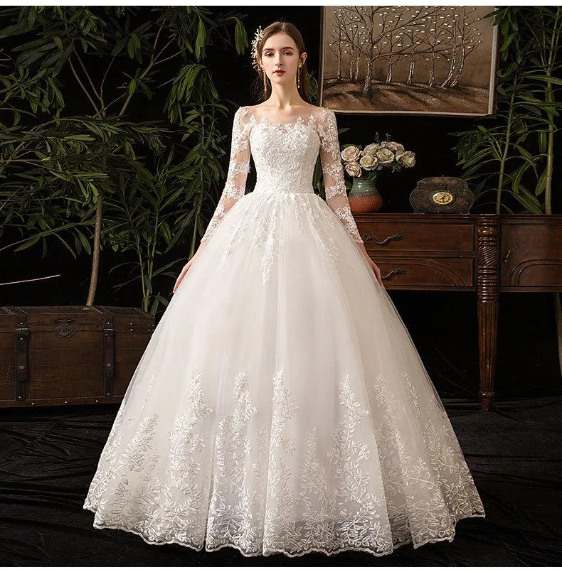 Elegant O Neck Full Sleeve Wedding Dress Illusion Lace Embroidery