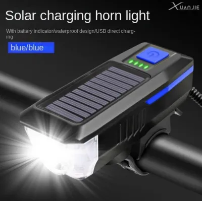 Bike Light Solar USB Rechargeable Double Charging Horn Lamp Waterproof Bicycle Headlight Bike Front Light + Horn
