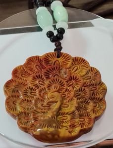 Zhan Guo Hong Red and Yellow Agate Peacock Necklace