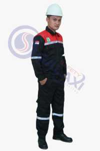 Wearpack Atasan Kemeja Proyek Lengan Panjang Resleting Warna Hitam Merah