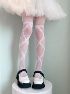 Women Thin Silky Pantyhose Japanese Gothic Anime Fake for Cross Bandage Angel Wing Patterned Cosplay Tights Stock