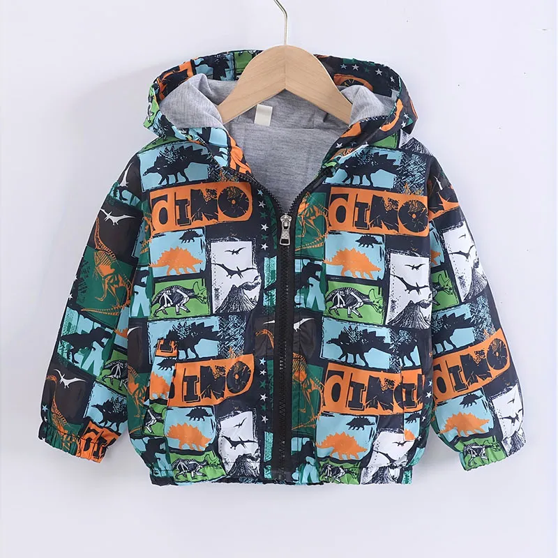 Rolanko Windbreaker Jacket for Kids Boys Hooded Coat Dinosaur