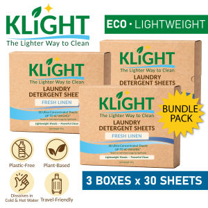 KLiGHT Fresh Linen Laundry Detergent Sheets Bulk 3 Boxes | Eco Lightweight Travel Friendly Plastic-Free