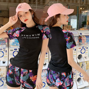 Korean-style 2Pcs Women Swimsuit Rash Guard Terno Sports Style Short-sleeved 2 Layer Shorts Swimwear Swim Playsuit