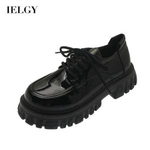 IELGY womens black thick-primed patent leather lace-up shoes