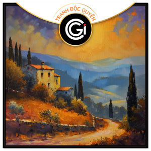 Tranh núi non phong cảnh chiều hoàng hôn trong ngôi làng nhỏ tranh treo tường dán tường decor nội thất.CGI-827