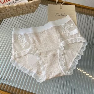 Breathable Mid-waist Mesh Lace Underpants Cotton Thin Seamless Briefs Bow Sweet Women Underwear Lady