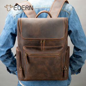 EDERN Mens Crazy Horse Leather Backpack Retro Fashion Schoolbag Cowhide Backpacks 15-inch Laptop Bag Large Capacity Travel Knapsack