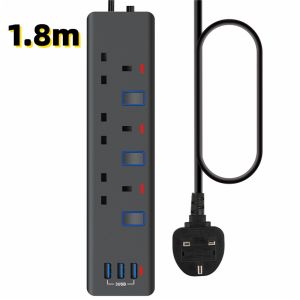 3 WAY 3USB ports White Black Singapore extension UK Plug socket 2 meter cable British Standard Lightning Protection Socket Surge Protection USB Power Strips 13A 3 pin British Wiring Strip multi Plug With switch with indicator light Overload protection接线板