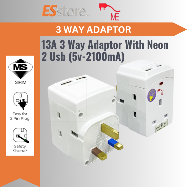 ME UK Malaysia 3 Pin Plug Neon 3 Way + 2 USB 2.1A Fast Charge Adapter