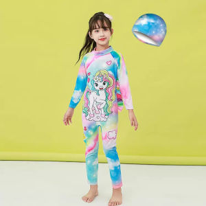 BAJU RENANG ANAK CEWEK TERUSAN TEBAL LENGAN PANJANG SET DENGAN TOPI MOTIF LUCU SWIM SUIT