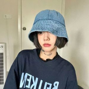 AZDH ผ้า หมวกบัคเก็ตยีนส์ ร่มกันแดด น้ำหนักเบา หมวกชาวประมงเรโทร ง่าย ดำ หมวกกันแดดป้องกันแสงแดด ผู้หญิง