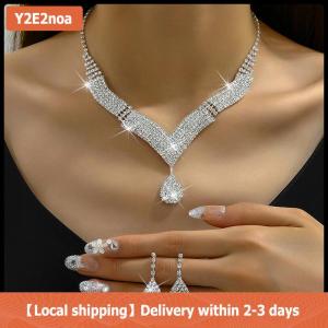 【Local shipping】 2Pcs Fashionable Rhinestones Necklaces Earrings Jewelry Set Womens Wedding Accessories Gift