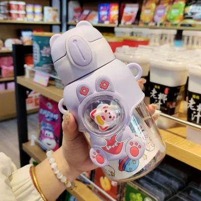 1pcs 600ML Cartoon Kids Water Bottle Plastic Water Cup With Straw Children School Leak Proof Outdoor Drinking Bottle