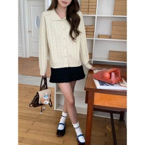 2026 Fall New Women Lace Lapel Hollow Crochet Knit Cardigan Long Sleeve Casual Outerwear Sweater