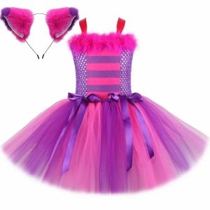 Girls Cat Costume Hot Pink Purple Cartoon Magic Striped Cat Tutu Dress Toddler Kids Halloween Carnival Party Dress Up Outfits2026
