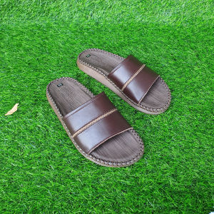 Dép Slides Nam Trường Hải Da Bò Thật Đế Cao 2.5cm Viền Cổ Điển Màu Nâu/Đen DN140