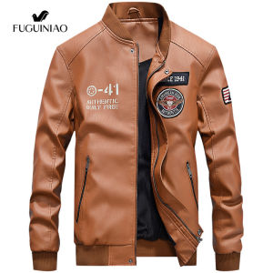 Fuguiniao หนังแจ็คเก็ตผู้ชายแจ็คเก็ตเบสบอล PU นักบิน VARSITY ขนแกะหนังสีดำ SLIM FIT แจ็คเก็ตรถจักรยานยนต์