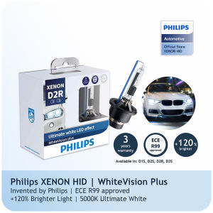 Philips Xenon White Vision Plus Headlight HID Bulb ( D1S D2R D2S D3S | +120% More Light | 5000K Ultimate White | Pack of 2 Bulbs )